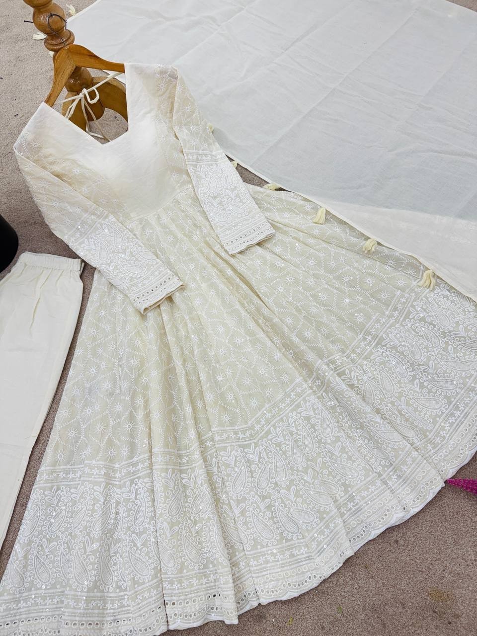 Beautiful Pure Kora Cotton Off White Gown Bottom With Dupatta For Party Wear