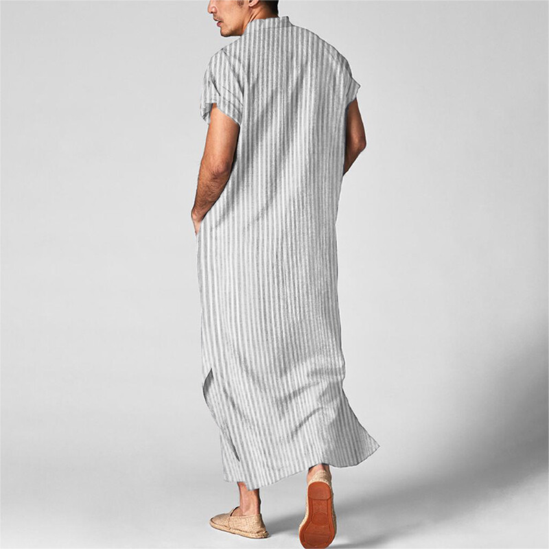 Fashion Men’s Muslim Short Sleeve Striped Thobe Saudi Arab Islamic Jubba Kaftan