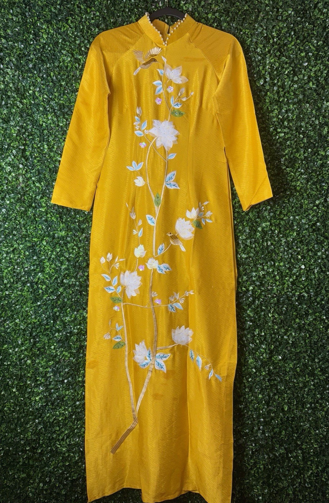 Ao dai embroidered Vietnamese dress mango color, size L (American size S)