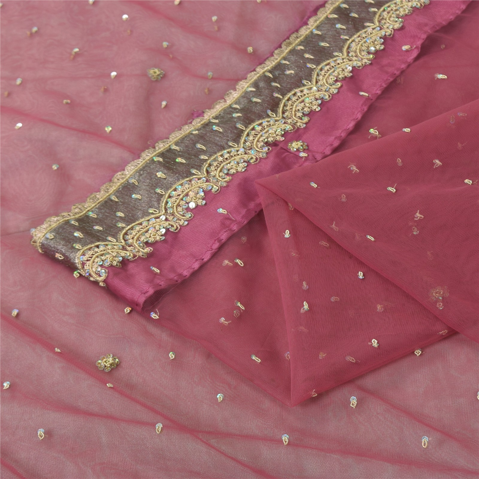 Sanskriti Vintage Pink Sarees Net Mesh Hand Beaded Zardozi Sari 5Yd Craft Fabric