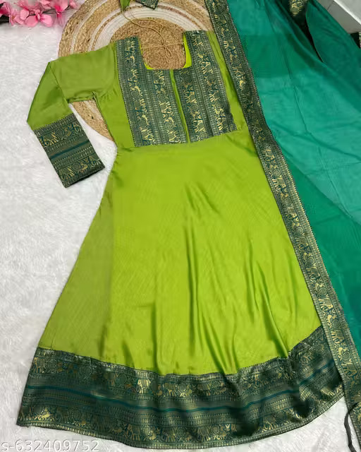 Women Parrot Green Anarkali Gown with Teal Blue Dupatta Set For Onam