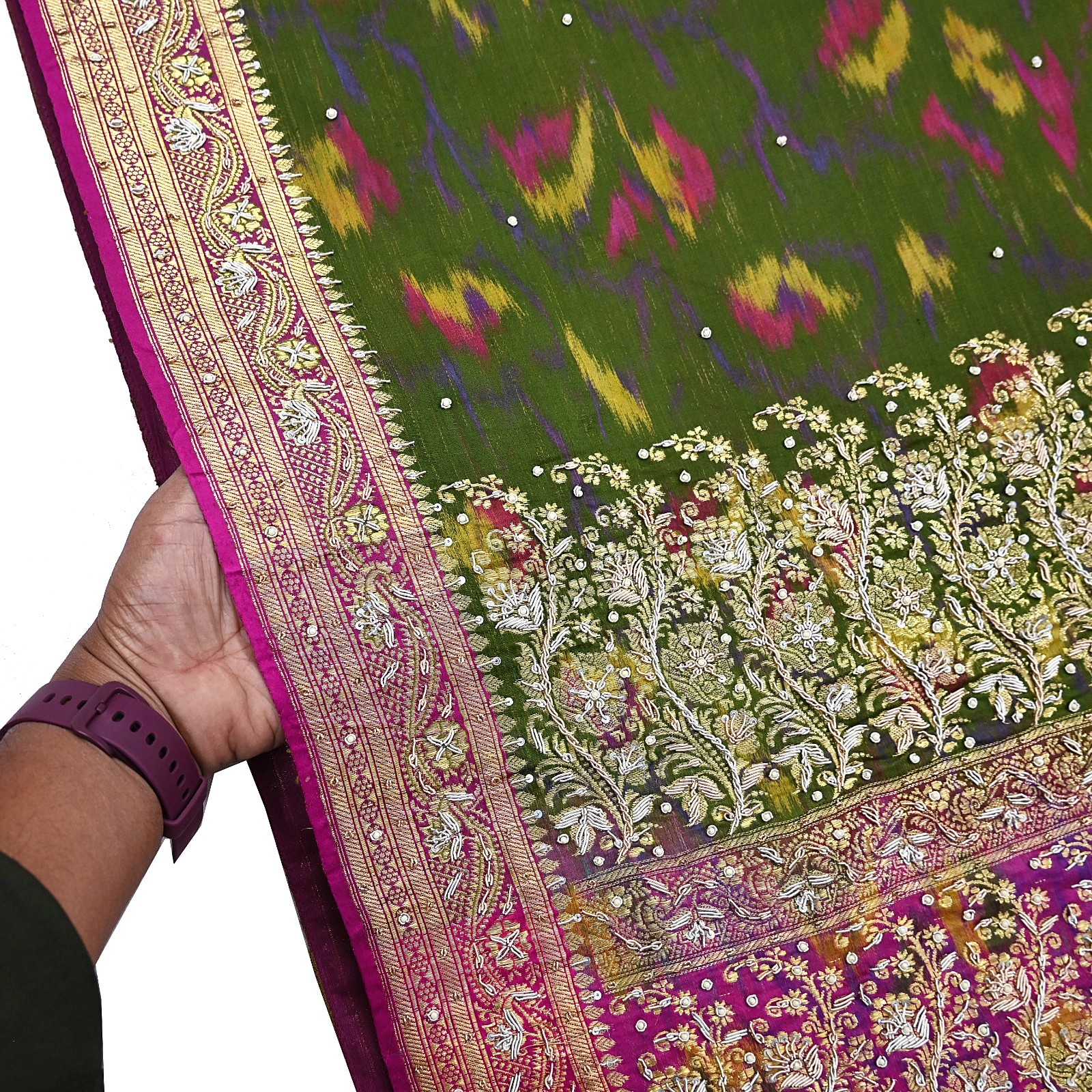 Vintage Multi Heavy Sari Pure Satin Silk Woven Banarasi Tanchoi Embroidered 5yd