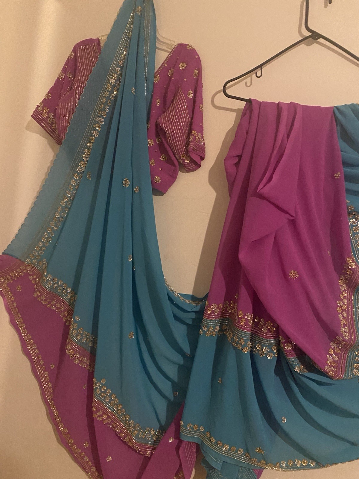 Chiffon Saree Blue Purple Gold Embroidered Blouse Indian Sari