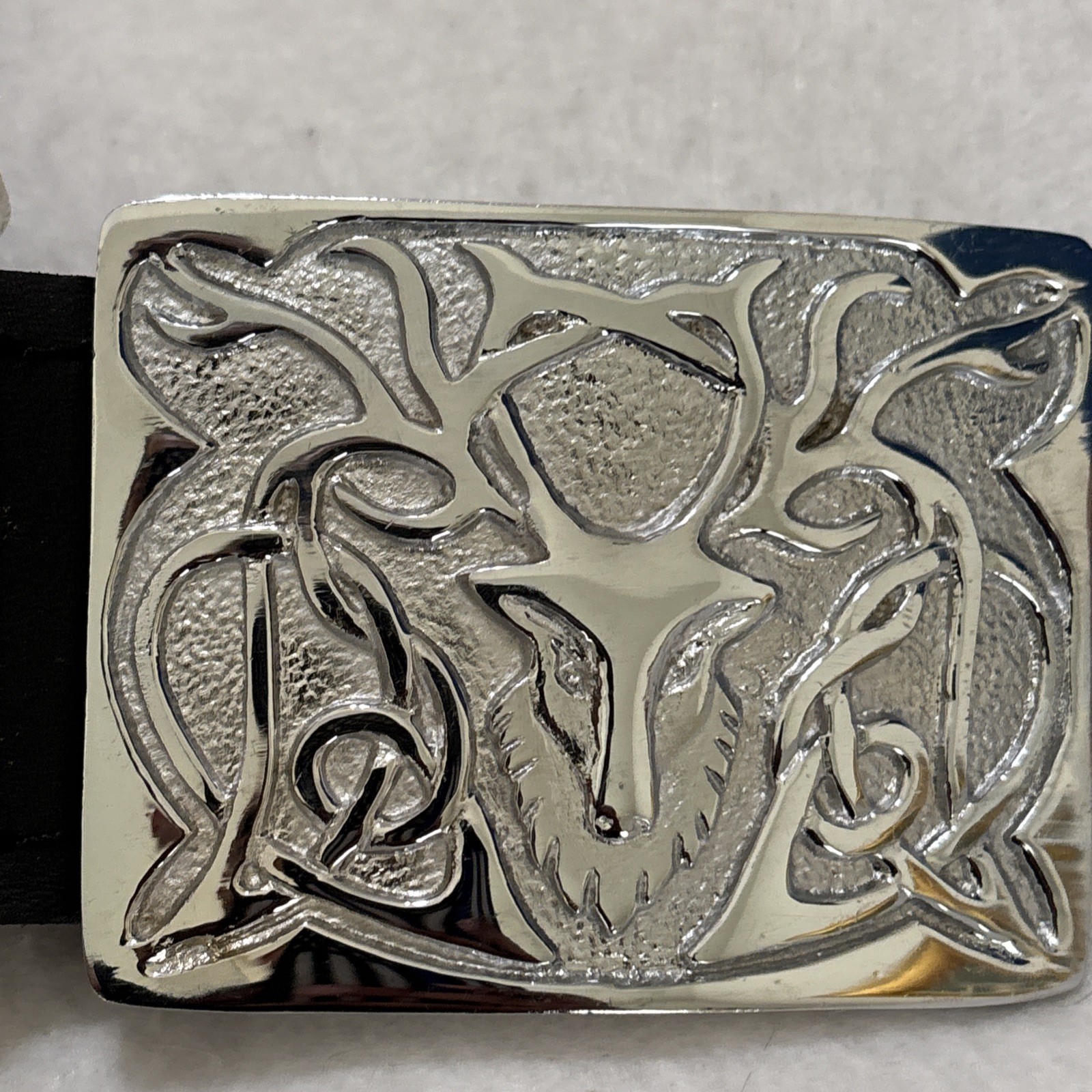 Black Leather Kilt Belt Silver Celtic Stag Deer Buckle Scottish Highland Costume