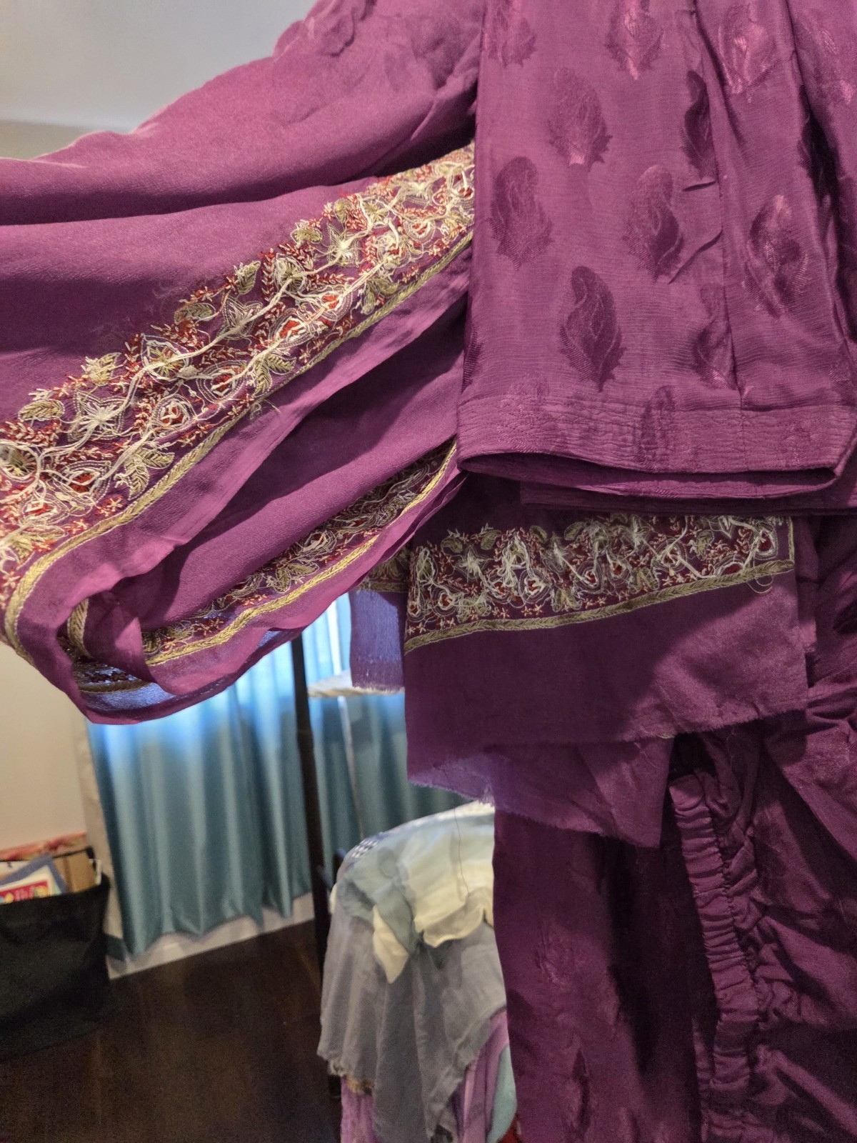 Paisley Print Magenta Lined Teal 3 Pcs Salwaar Kameez Size L ~B 19″ L 38″