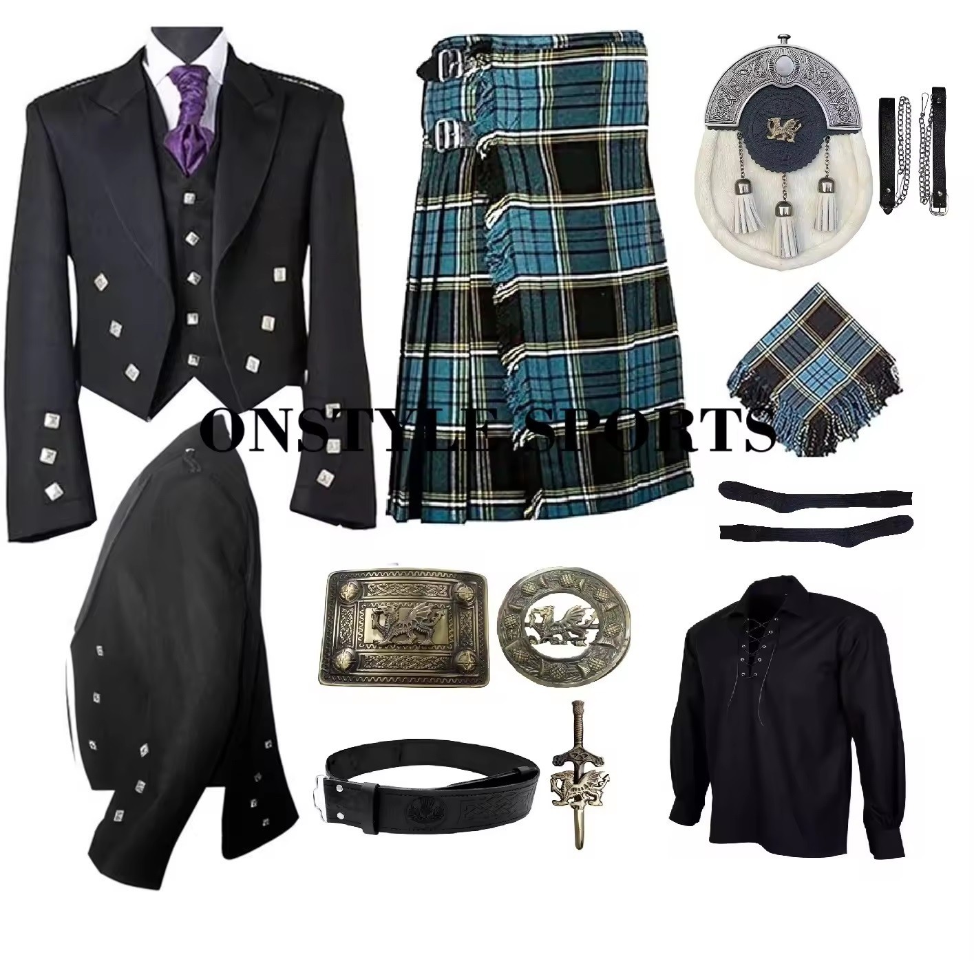 Men’s Full Highland Dress 12 PC Kilt Outfit in Anderson Tartan or Custom Tartan
