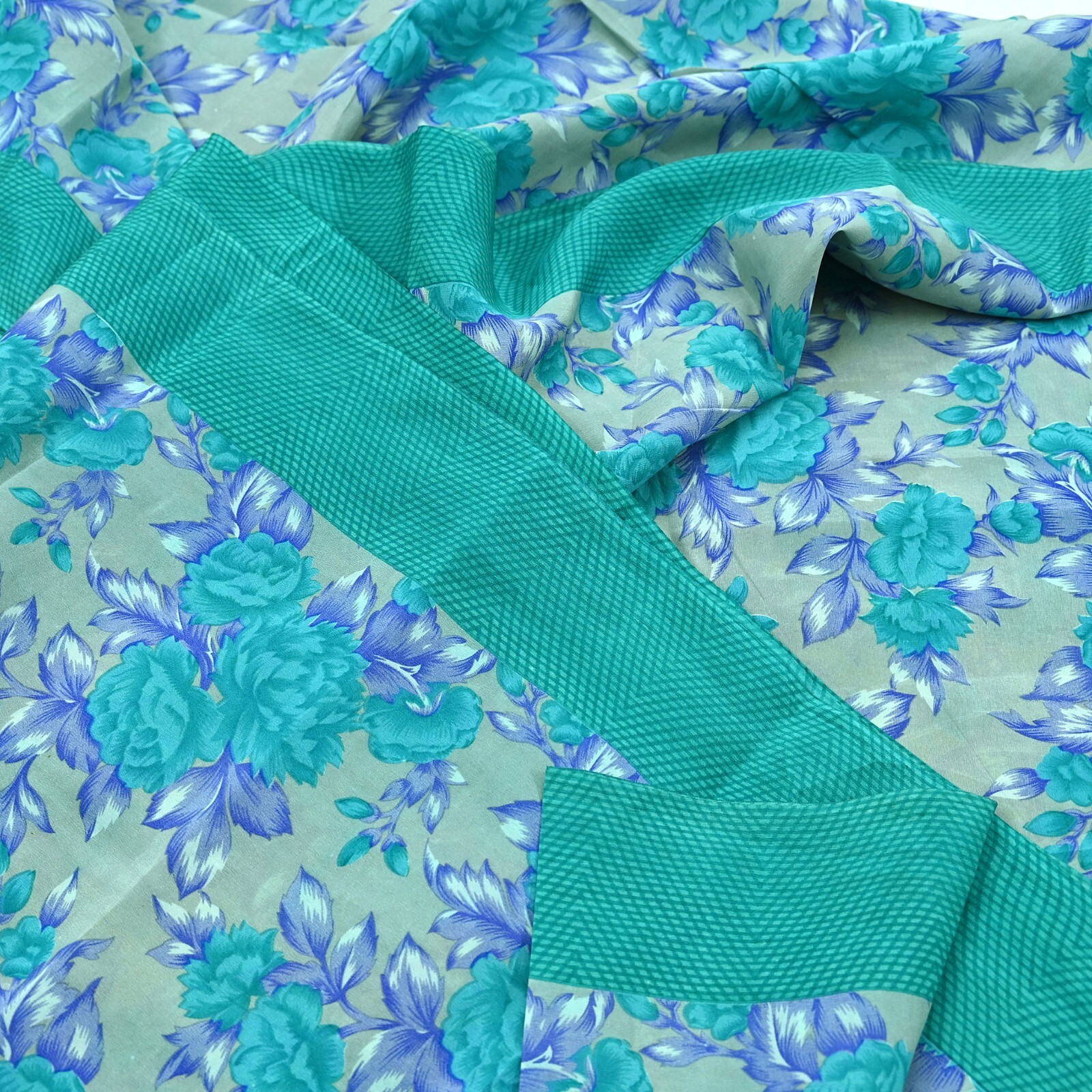Vintage Sari Green & Gray Pure Crepe Silk Printed Sarees 5yd Sewing Craft Fabric