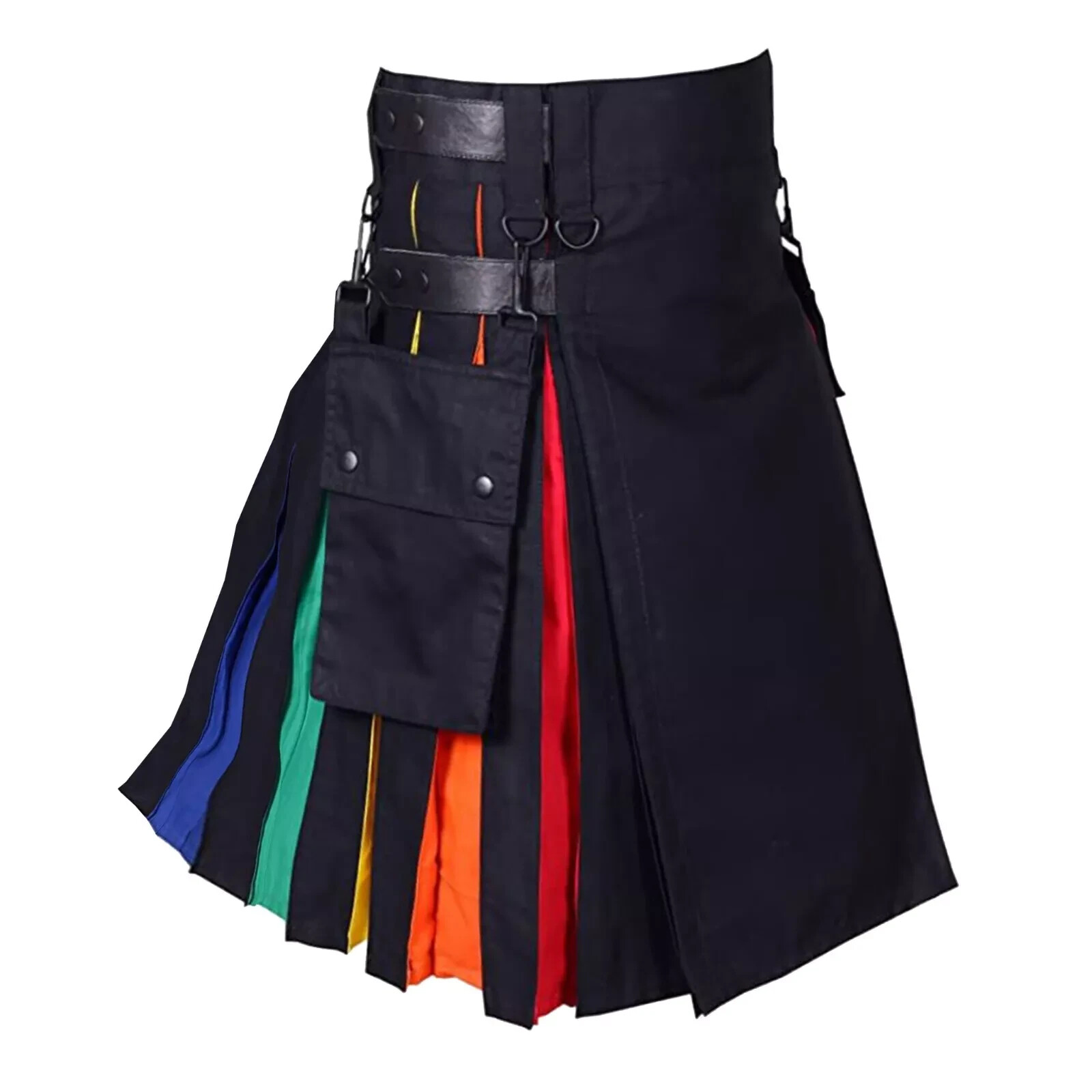 New Men’s Black Hybrid Utility Kilt with Rainbow Pleats and Detachable Pockets