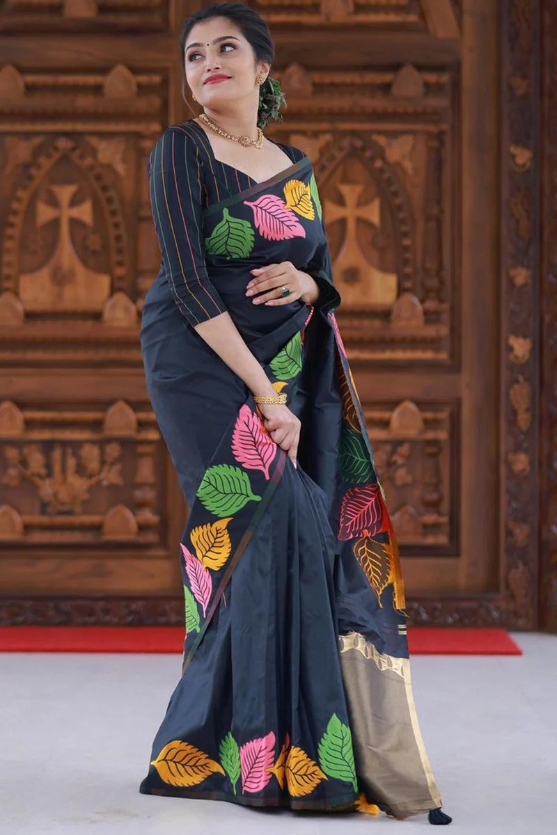 Women Banarasi Silk Saree Zari Leaf Jacquard Work Black Color With Blouse Piece