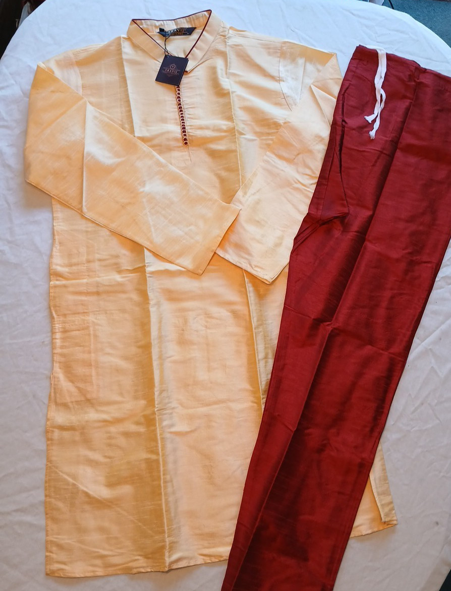 New SKAVIJ Men’s Kurta Pajama Set Evening Outfit Size XL Beige Made In India