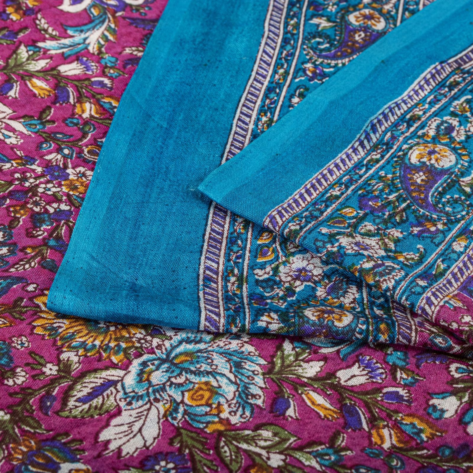 Sanskriti Vintage Saree Pink-Blue Pure Cotton Floral Printed Sari Fabric 5+Yard