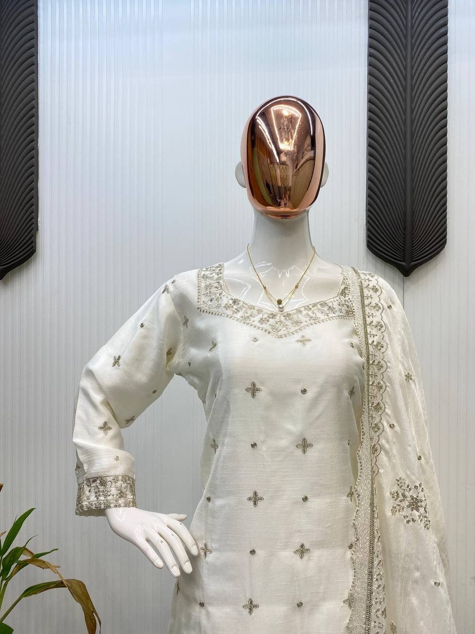 Stunning Look White Chinon Top And Palazzo With Dupatta For Aesthetic Wear