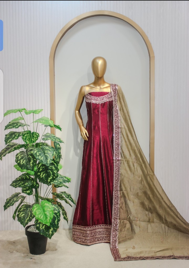 Pakistani Shalwar Qamez 3Pc Semi Stitched Maxci With Plain Malai Fabric Rawsilk