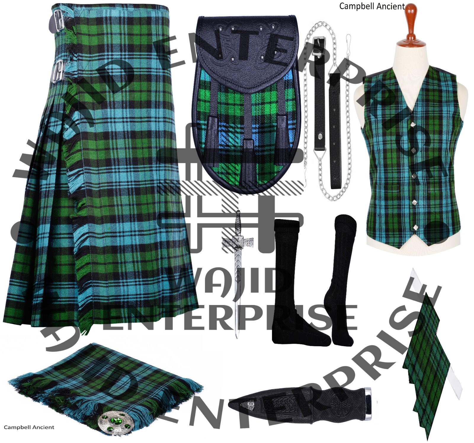 Scottish Handmade Men’s 8 yard kilt With Accessories Multi Tartan Colors & Sizes