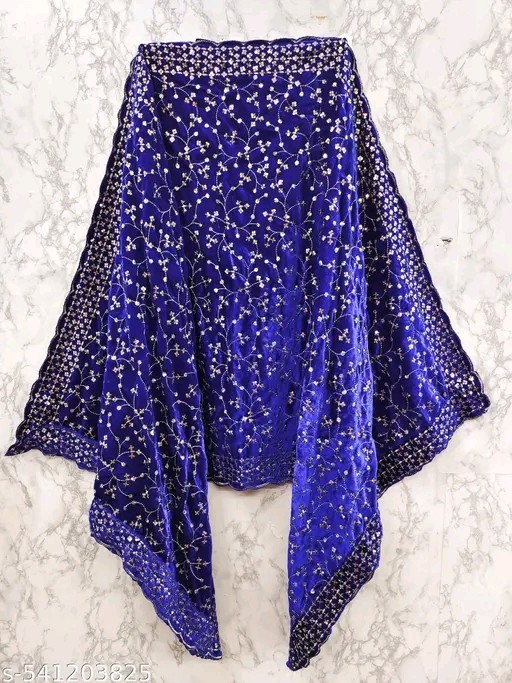 Blue Embroidery Velvet Dupatta For Bride And Women Velvet Shawl Odhani Veil