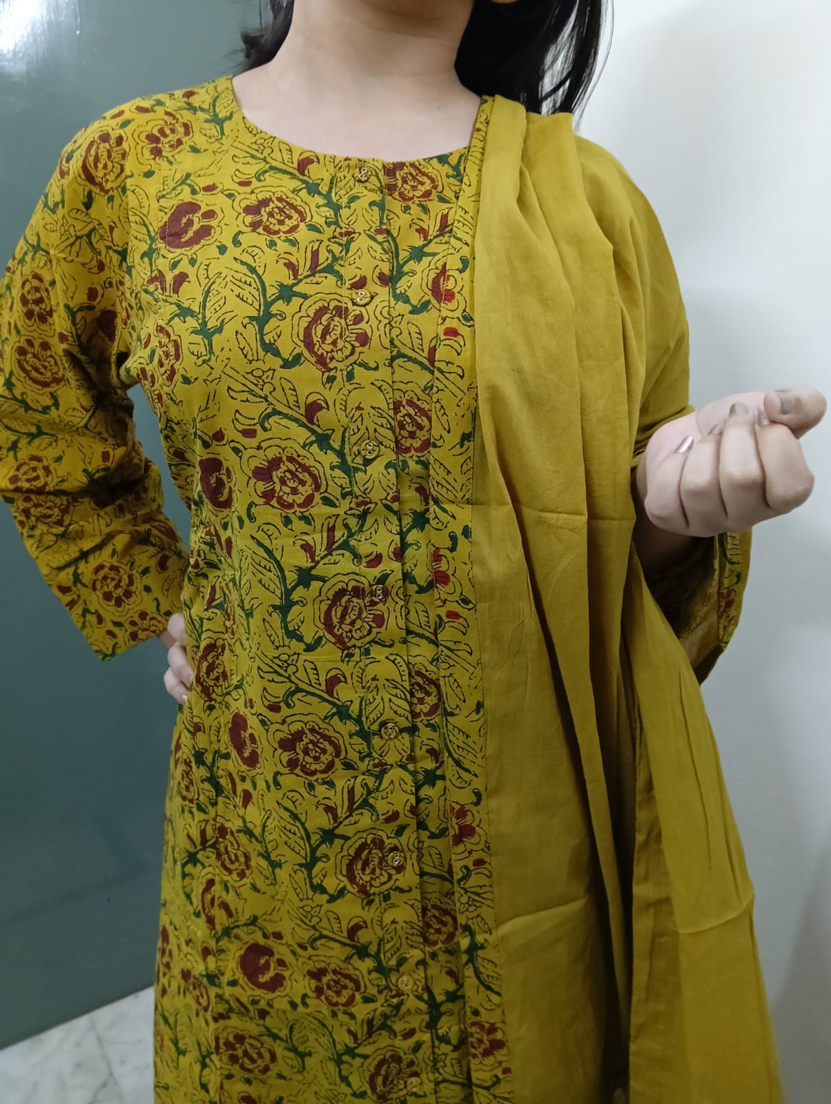 Pure Cotton Mustard Yellow Kalamkari Floral Kurta Set With Dupatta