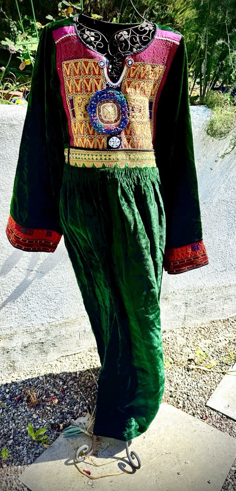 Vtg 1970s Afghani KUCHI Tribal VELVET Ceremonial MAXI DRESS Hand Embroidered SM