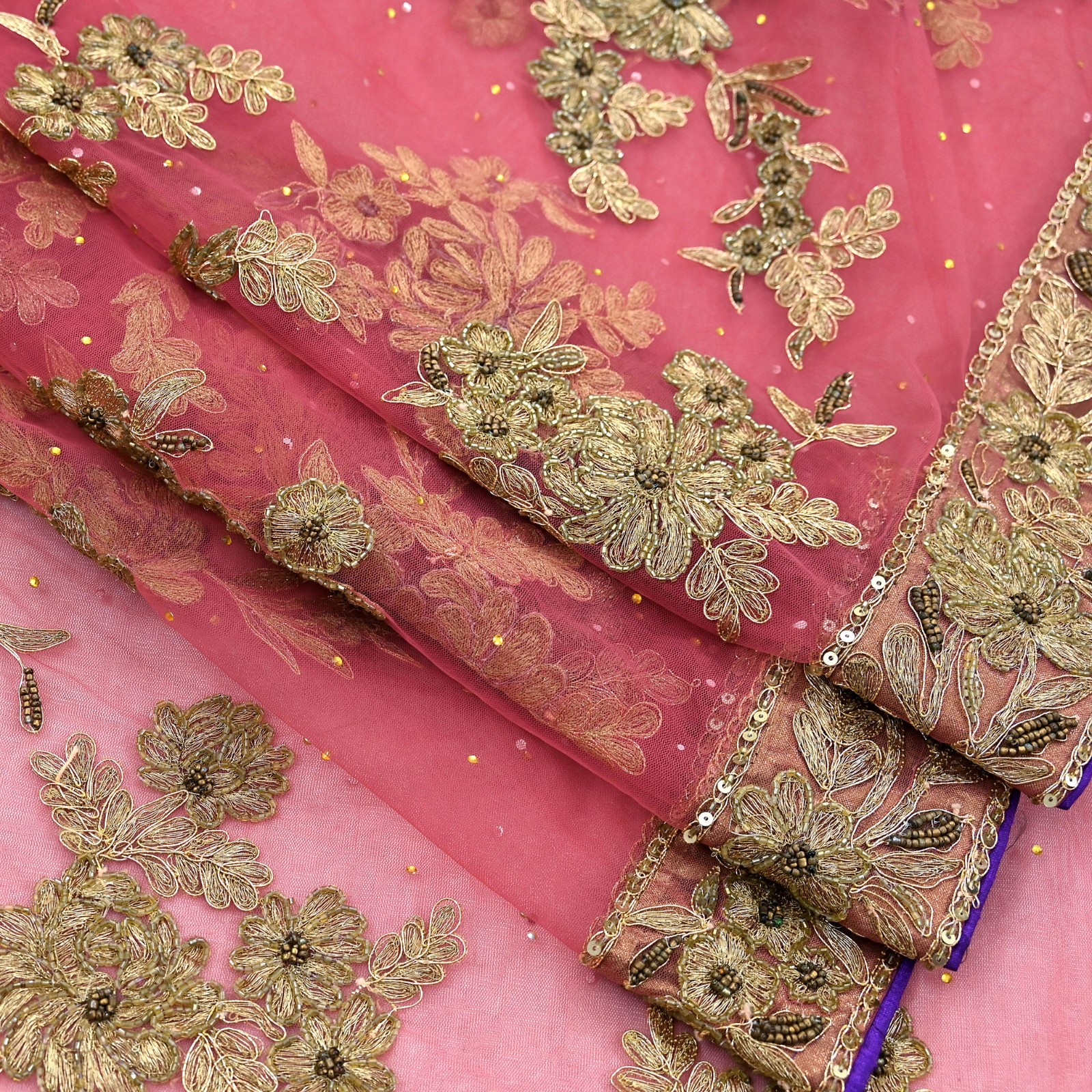 Indian Vintage Heavy Sari Pink Net/Mesh Hand Embroidered Sarees Craft Fabric 6Yd