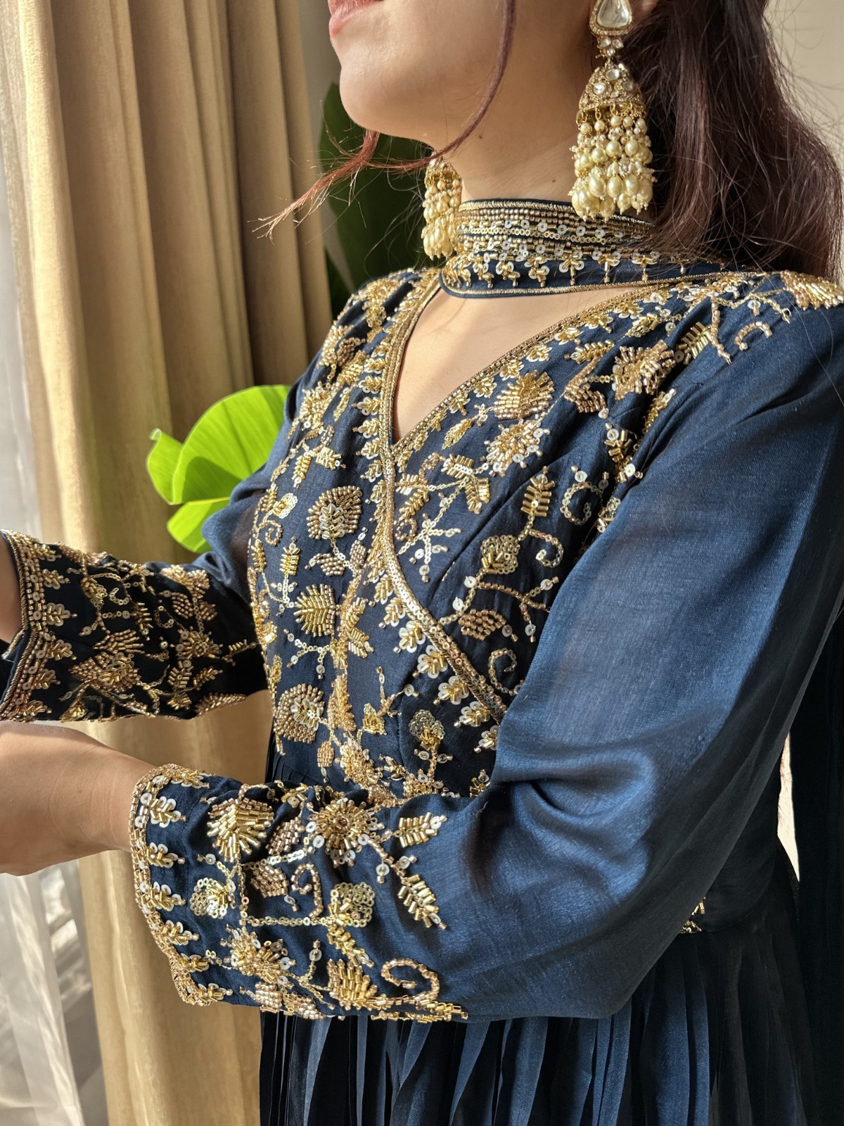 DESIGNER FLOOR-LENGTH ANARKALI GOWN – BEADS & SEQUENCE WORK