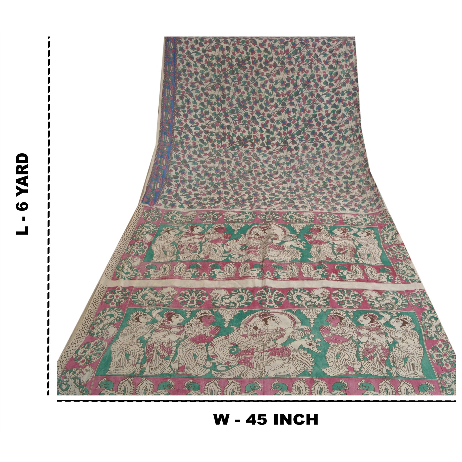 Sanskriti Vintage Ivory Sarees Blend Silk Handmade Kalamkari Peacock Sari Fabric