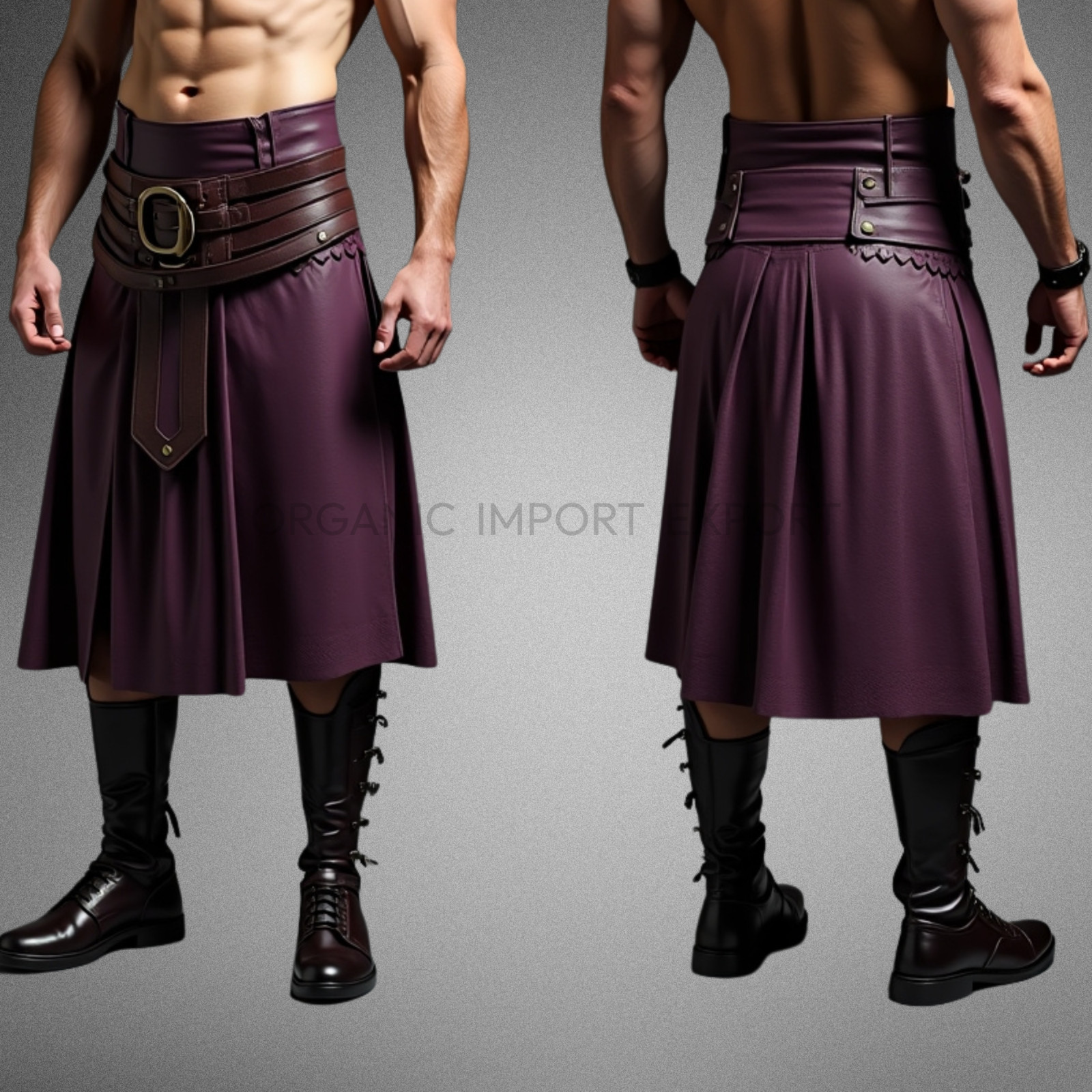 Men’s Gothic Purple Leather Kilt – Warrior Style Skirt with Wide Buckle Belt