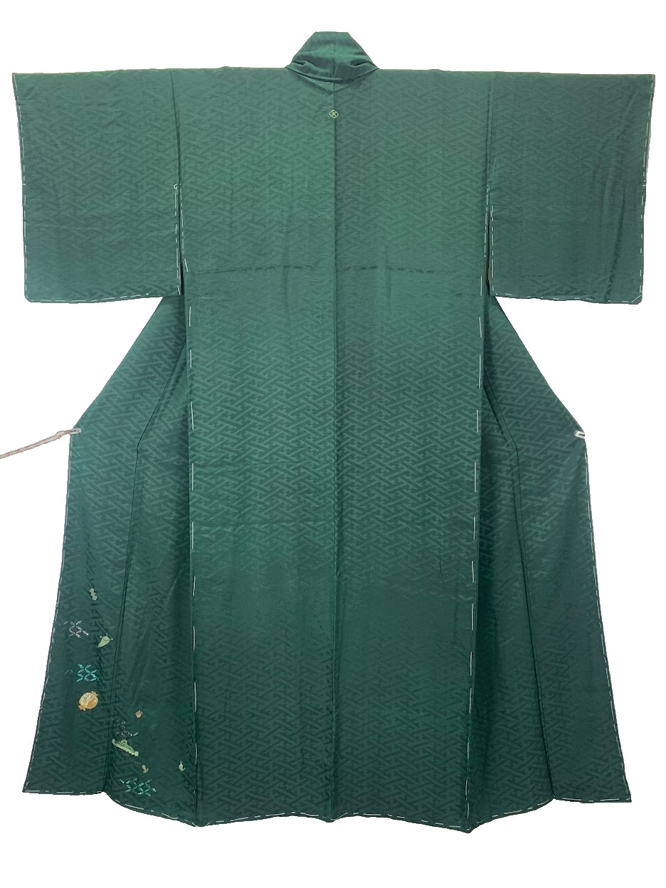 Vintage Japanese Komon Silk Kimono Green Embroidered Jimon Lucky Treasure Robe S