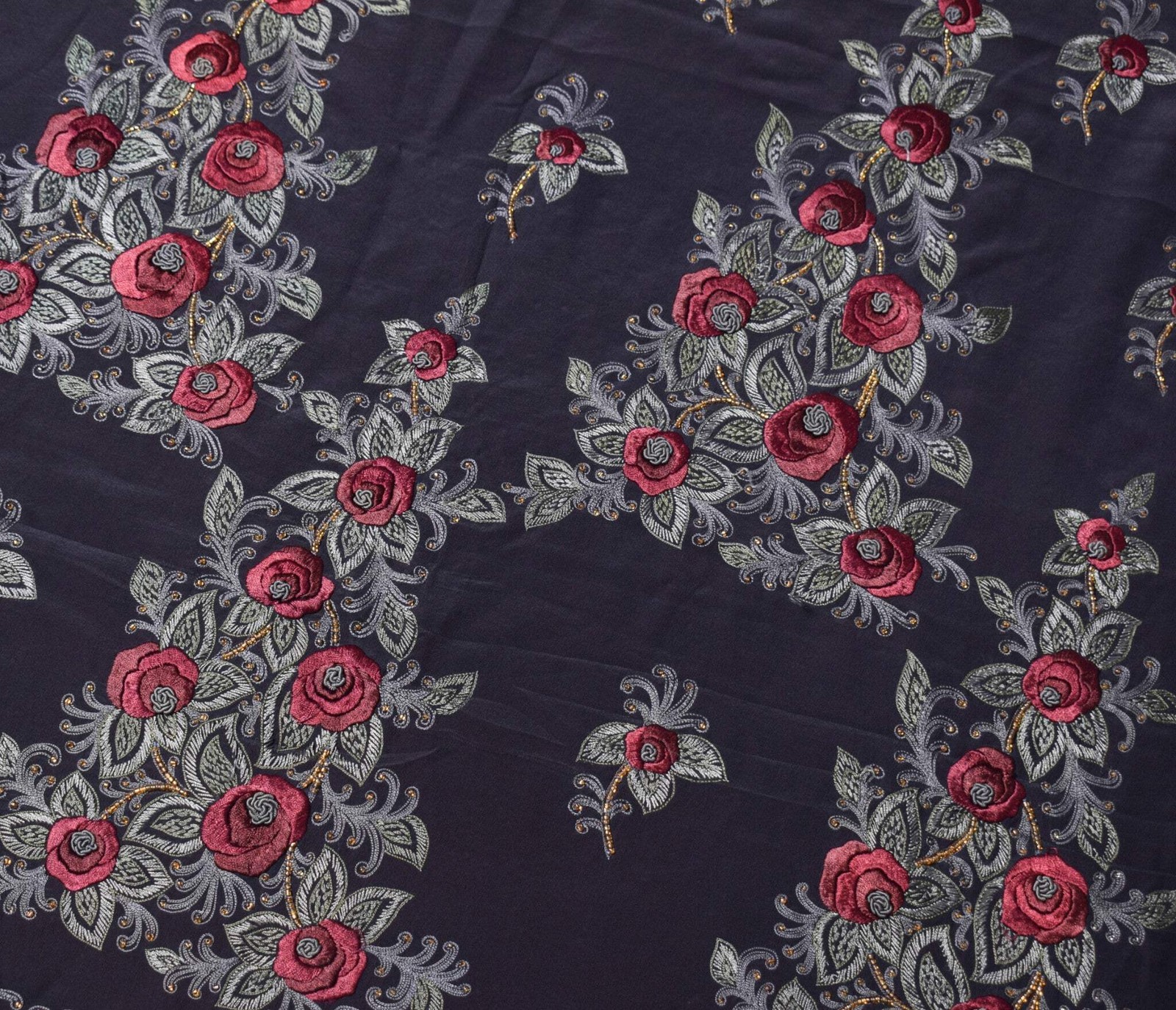 Sushila Vintage HEAVY Black Saree Pure Crepe Silk Hand Embroidered Sari Fabric