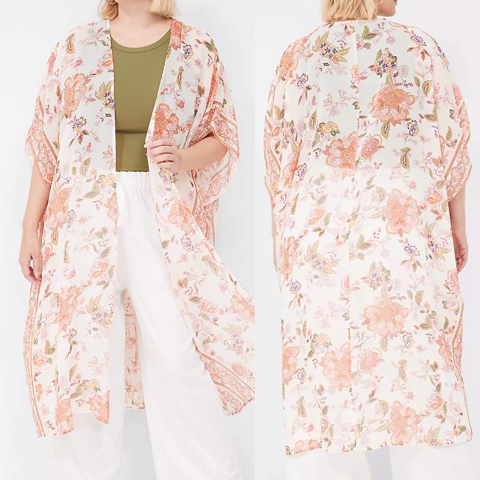 Lane Bryant Maxi Chiffon Overpiece in Bordered Floral Print Kimono Duster Pink
