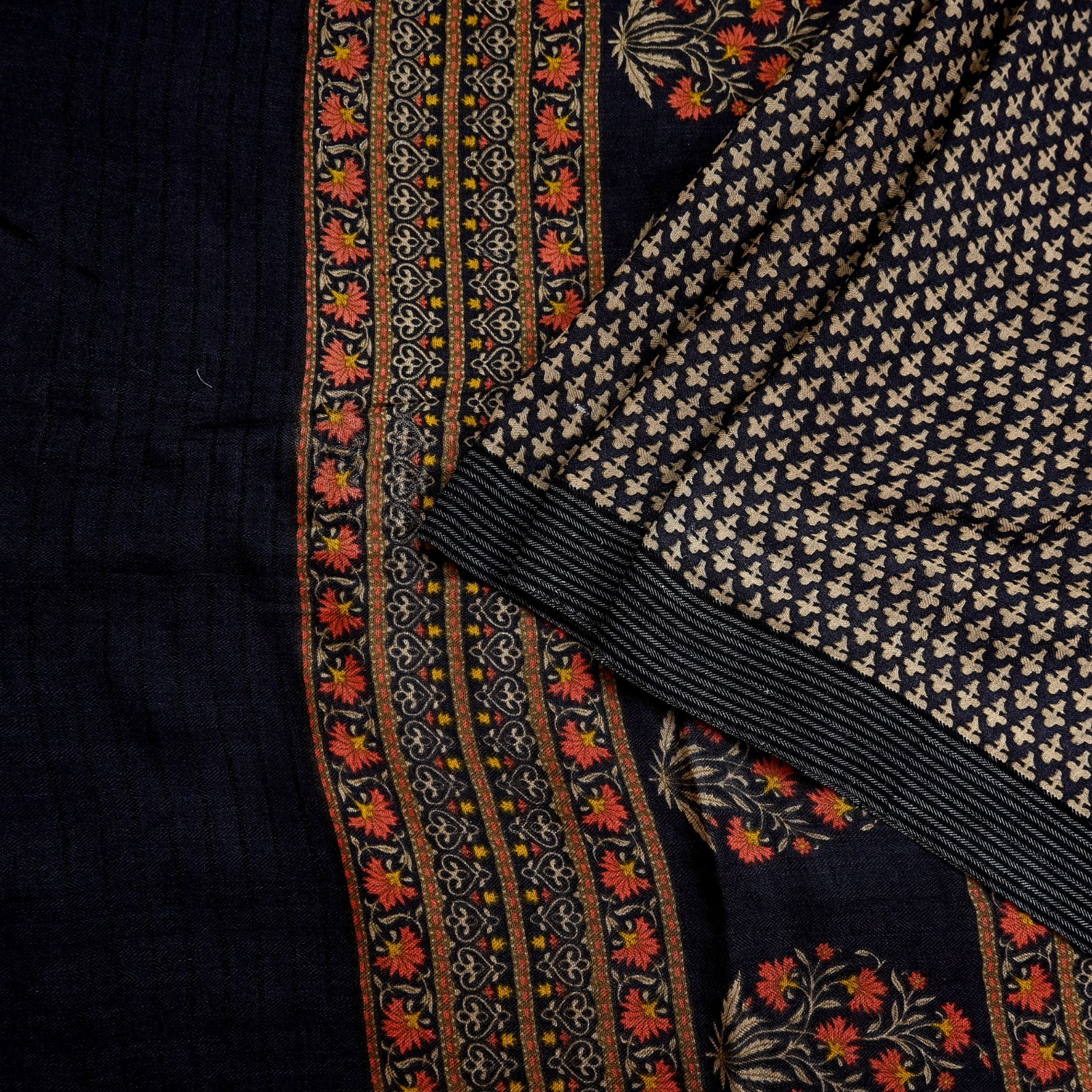 Vintage Black & Beige Saree Pure Woolen Woven Printed Sari Warm Craft Fabric 5Yd