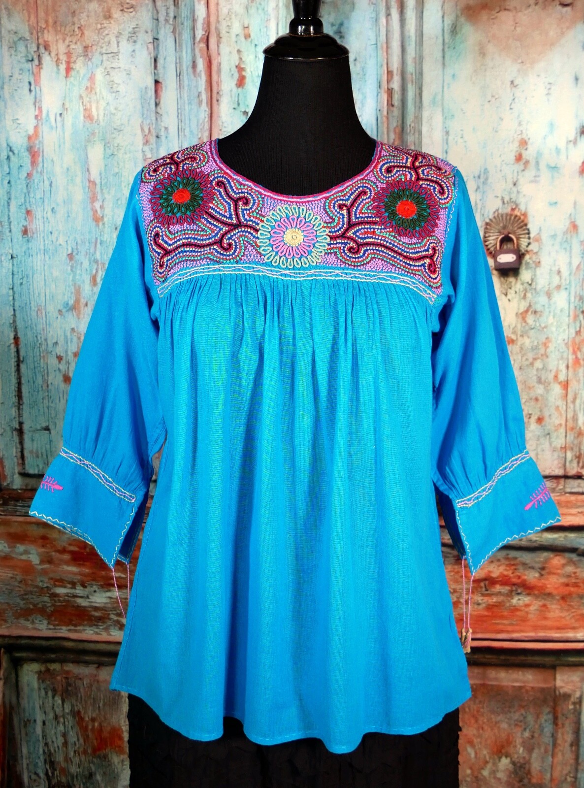 Lg Peasant Blouse Hand Embroidered Turquoise Cotton Mayan Chiapas Mexico Hippie