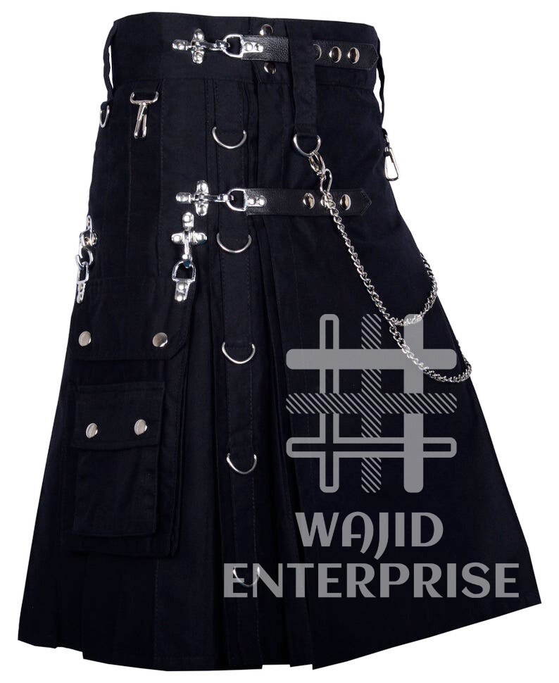 Scottish Fashion Modern KILT Black Cotton Men’s Gothic KILT Goth Utility KILT