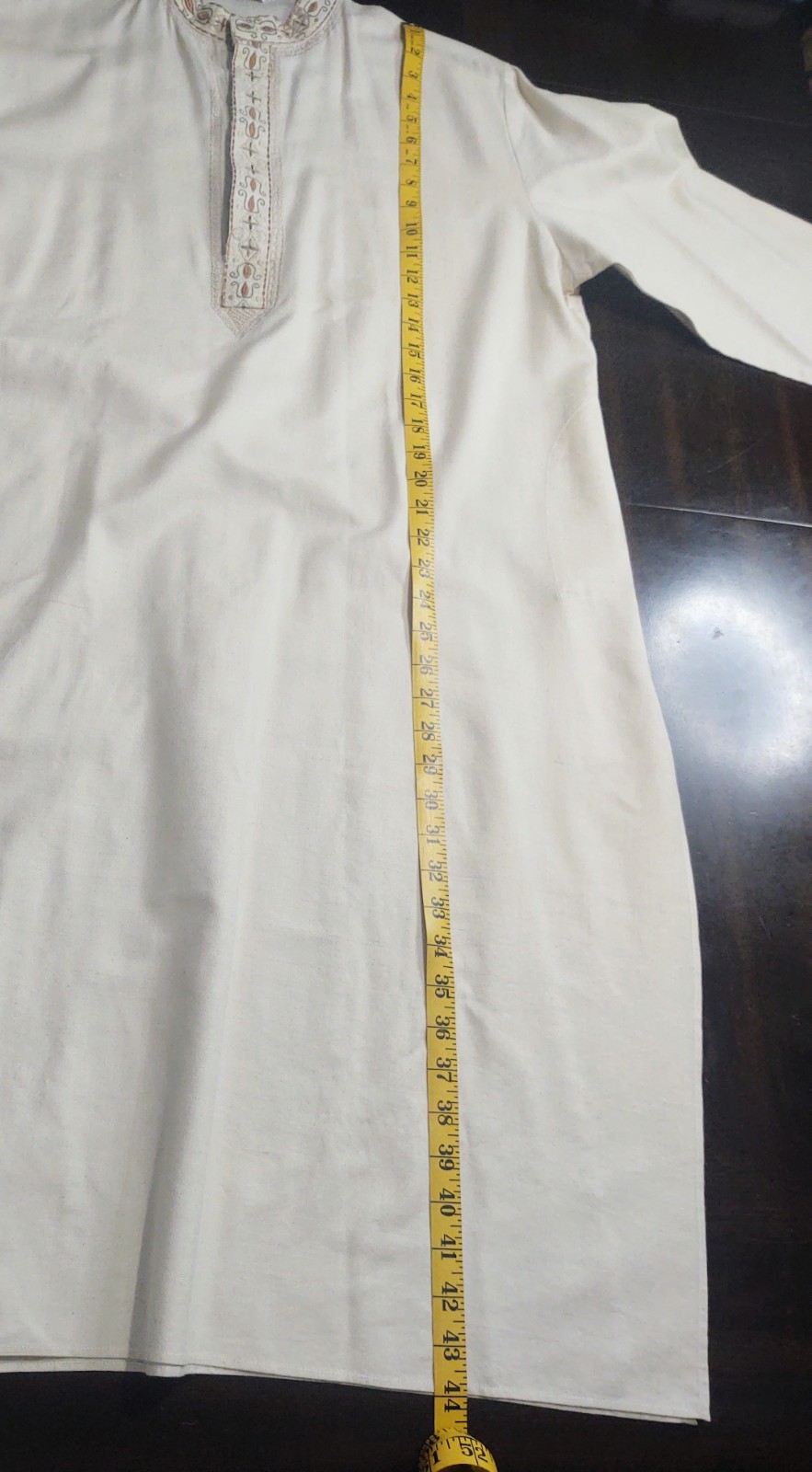 Vintage Men’s Kurta 3/4 Length Shirt Embroidered Collar Sz 40 Cream/Brown