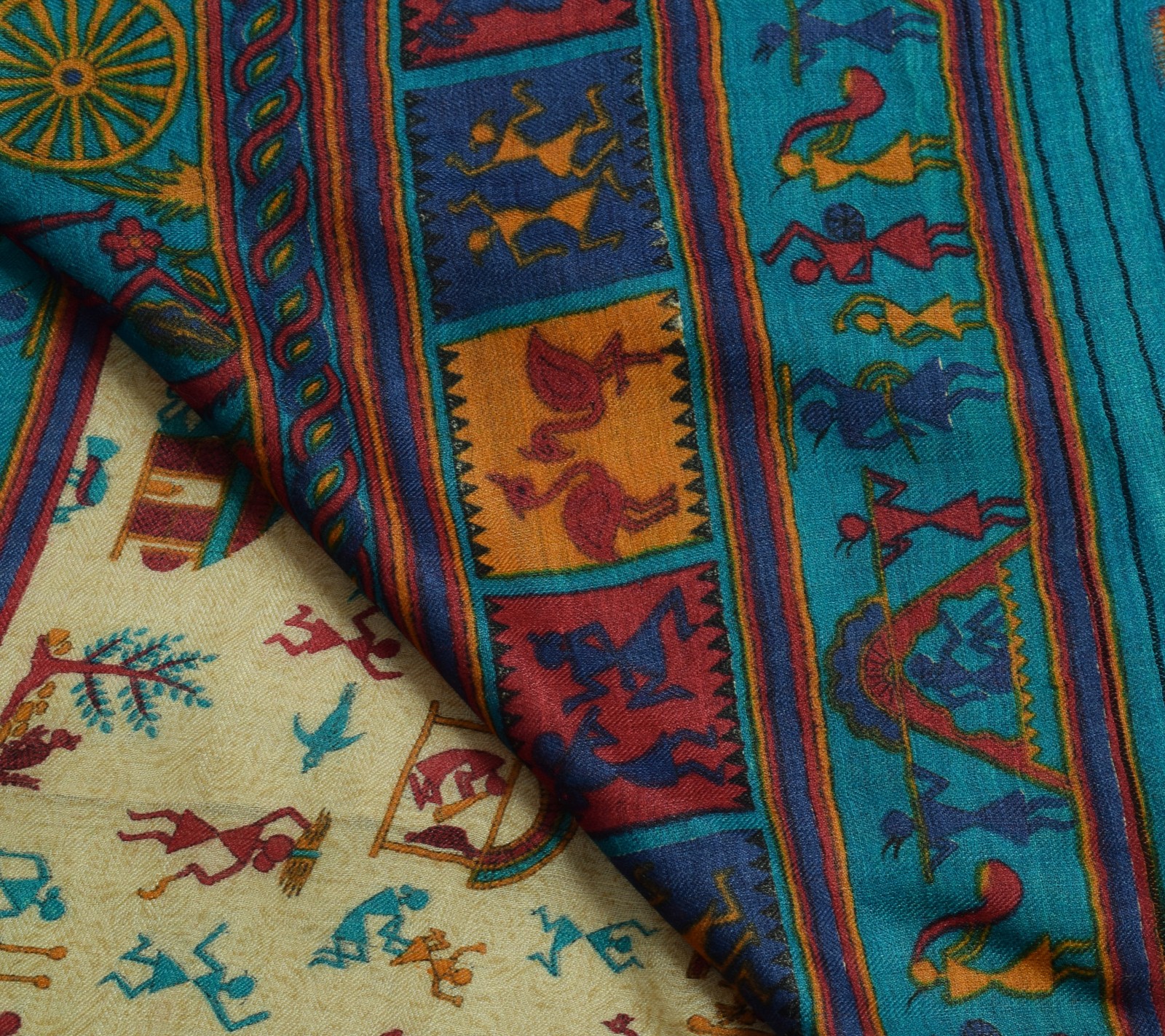Sushila Vintage Cream Saree 100% Pure Woolen Warli Printed Soft 5YD Sari Fabric