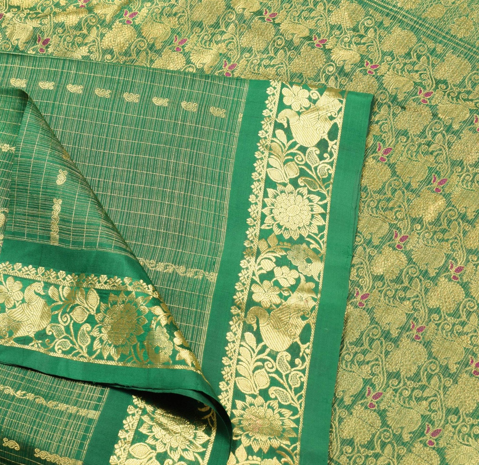 Sushila Vintage Green Pure Tissue Saree Kanjivaram Zari Brocade HEAVY Sari Fabri