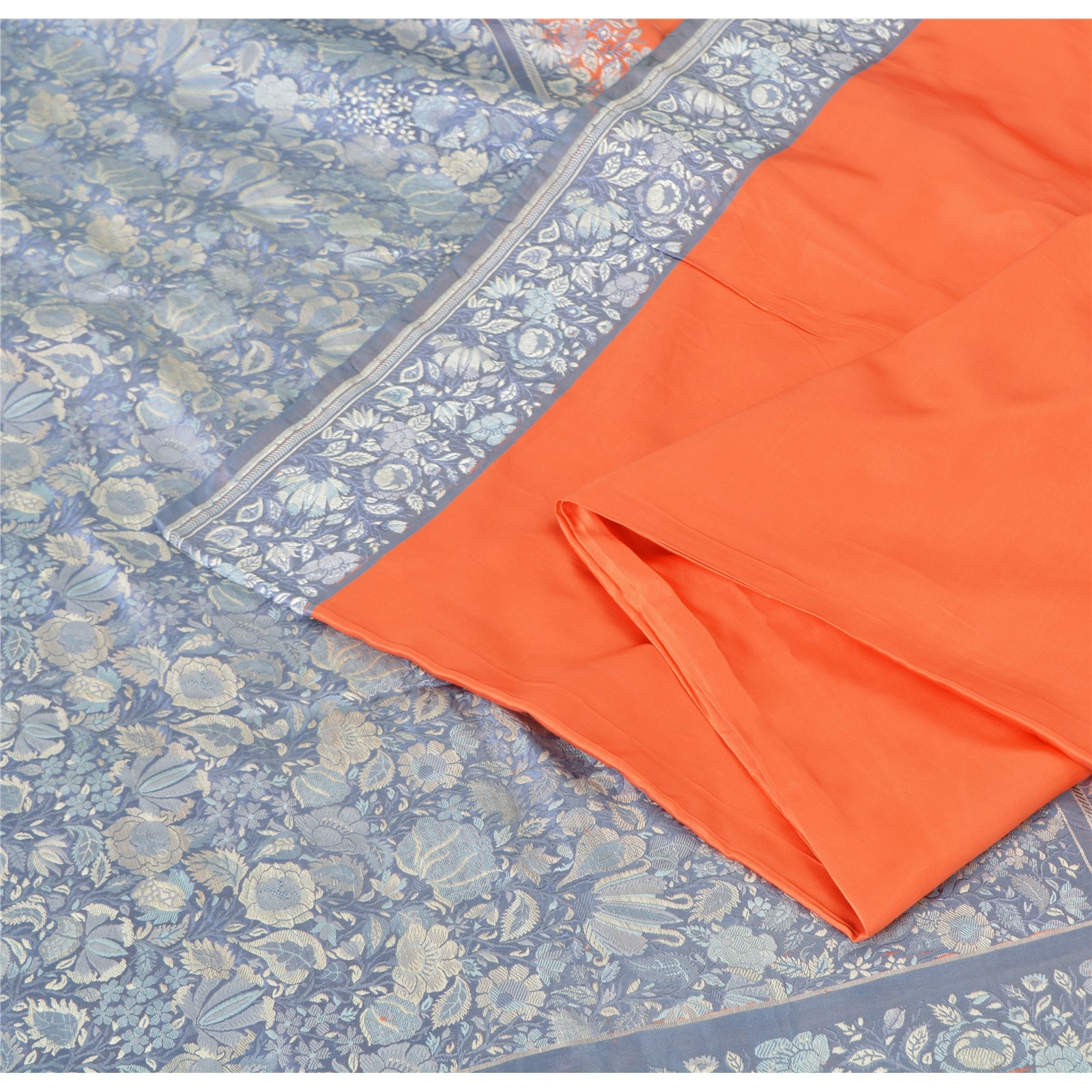 Sanskriti Vintage Orange Sarees Pure Satin Silk Banarasi Hand Woven Sari/Fabric