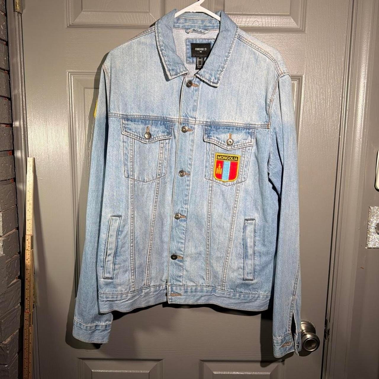 Forever 21 Light blue denim jacket with Mongolia patches Size L