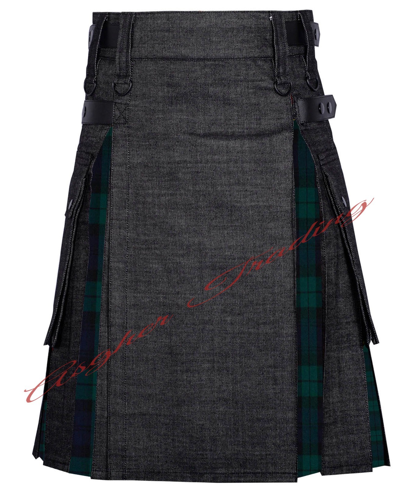 Scottish Black Denim With Black Watch Tartan Hybrid Utility Kilt & Custom size