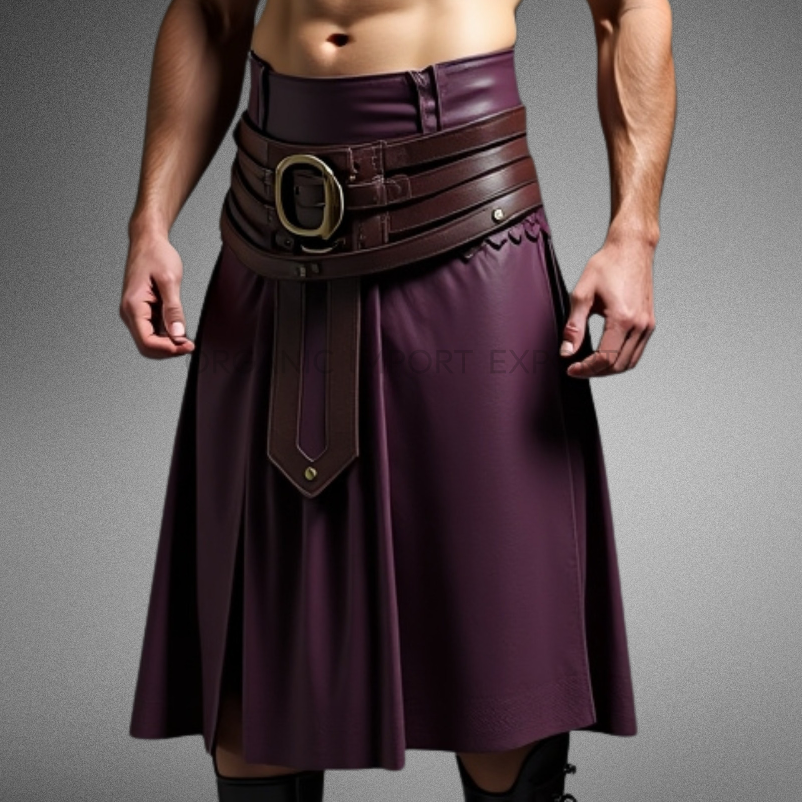 Men’s Gothic Purple Leather Kilt – Warrior Style Skirt with Wide Buckle Belt
