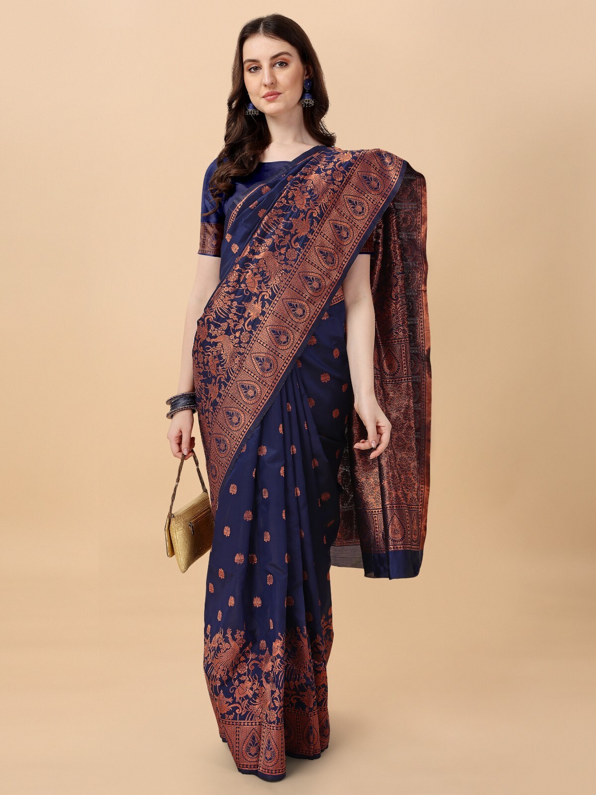 Areca Designer Copper Mor Zari Work Silk saree blouses women Saree Cut 5.5 Meter