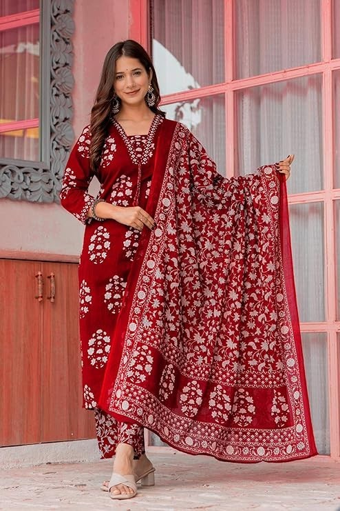 Women’s Pure Cotton Printed Straight Kurta Set with Palazzo Pants & Dupatta