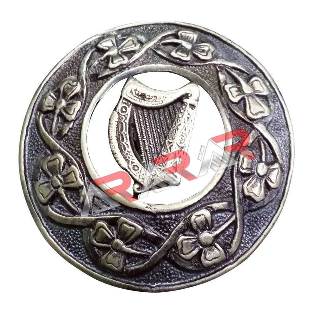 Kilt Fly Plaid Brooch Thistle Harp Design Badge High Quality Antique Finish 3″