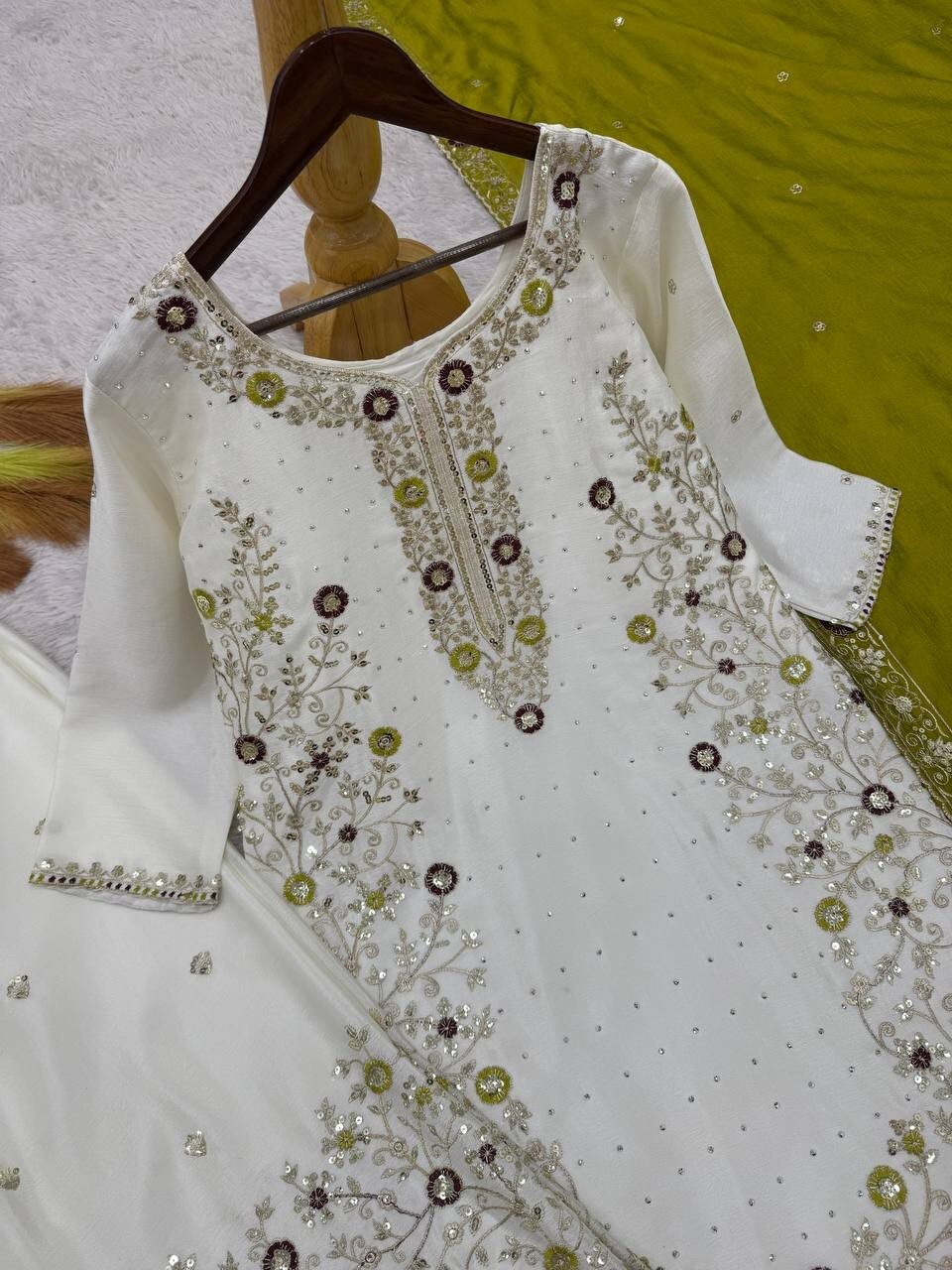 New Presenting Olive Green Chinon Silk Kurta Palazzo With Dupatta For Women