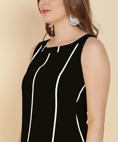 Women’s Rayon Straight Kurta with Pant Set | Sleeveless Black and White Striped