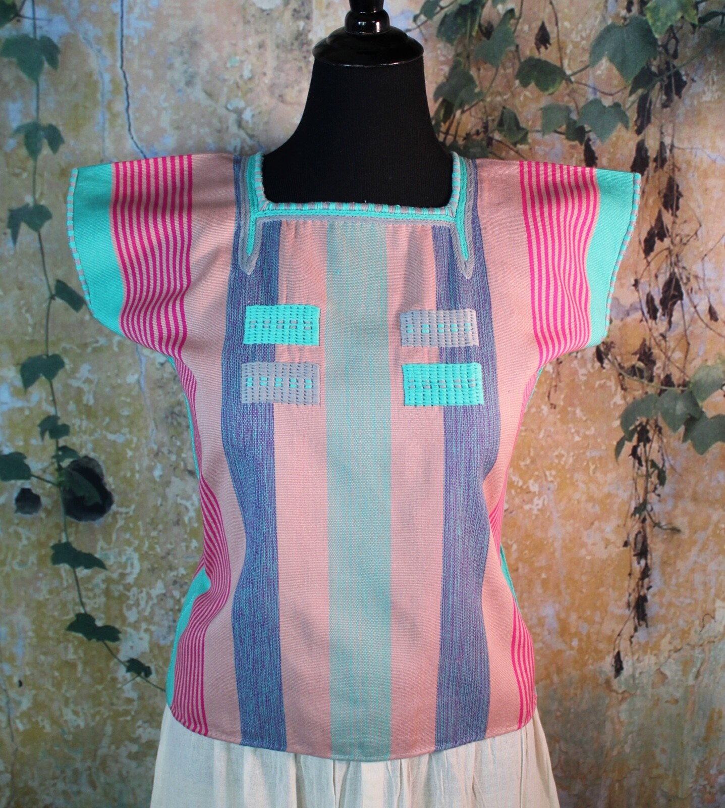 Huipil Top Stripes Handwoven Backstrap Loom Oxchuc Mayan Chiapas Mexico Fiesta