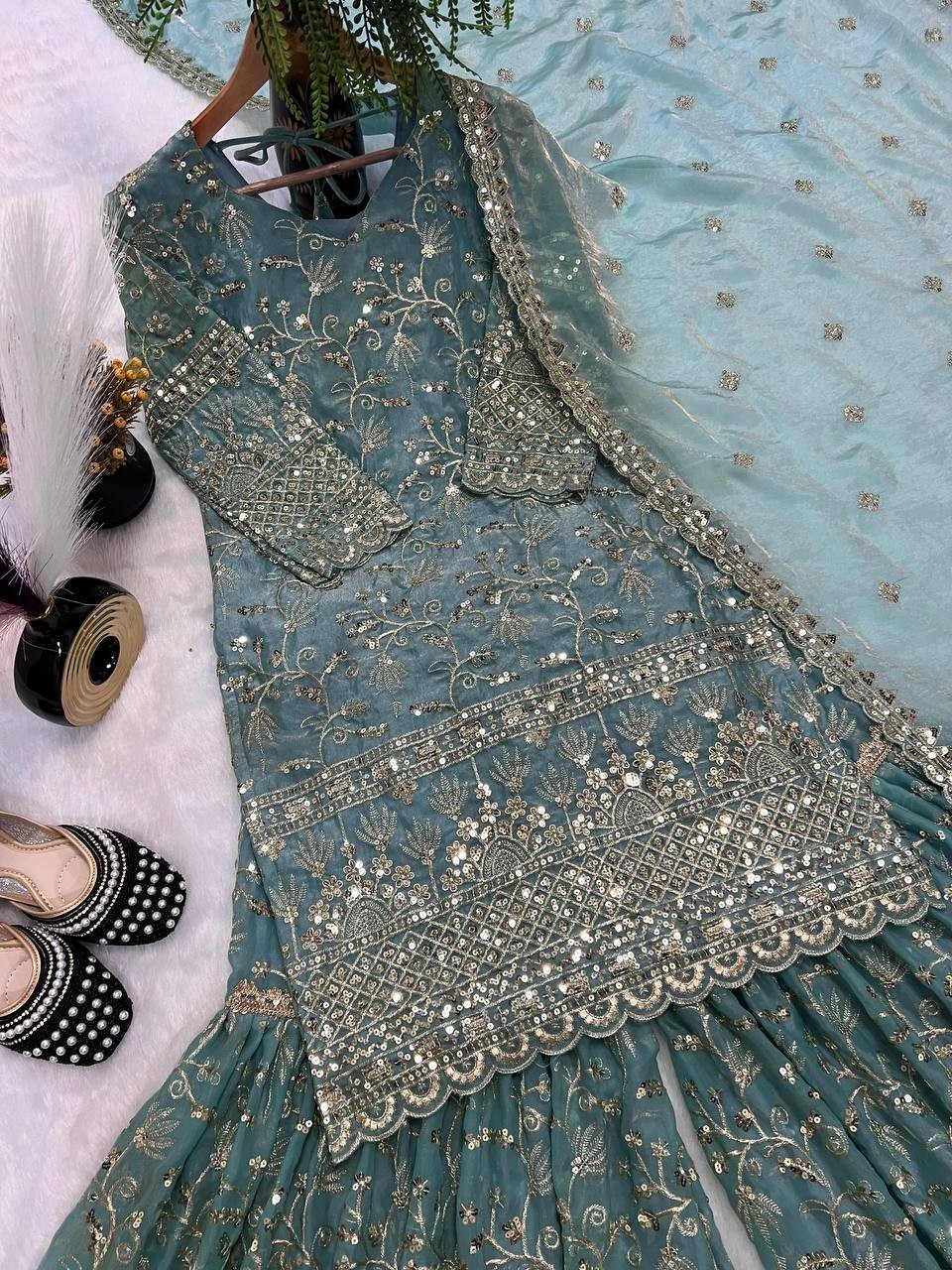 Salwar Ready To Wear Fancy Sky-blue Color Palazzo Suit Party Bollywood Wedding