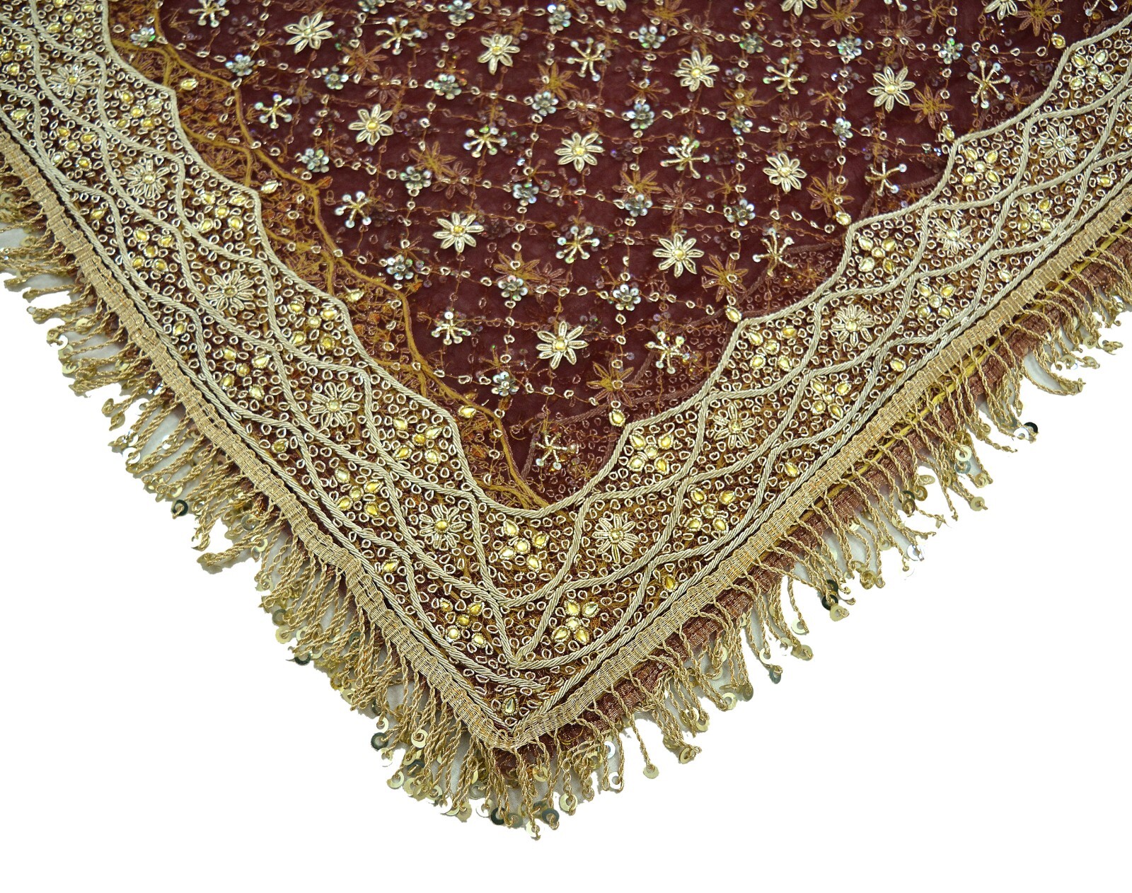 Indian Vintage Heavy Maroon Dupatta Net Mesh Long Stole Hand Embroidered Scarves