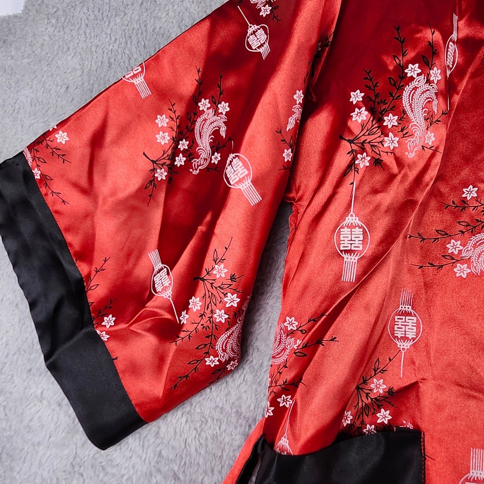 Thai Silk Kimono Robe L Reversible Red Black Asian Dragon Embroidered Lounge VTG