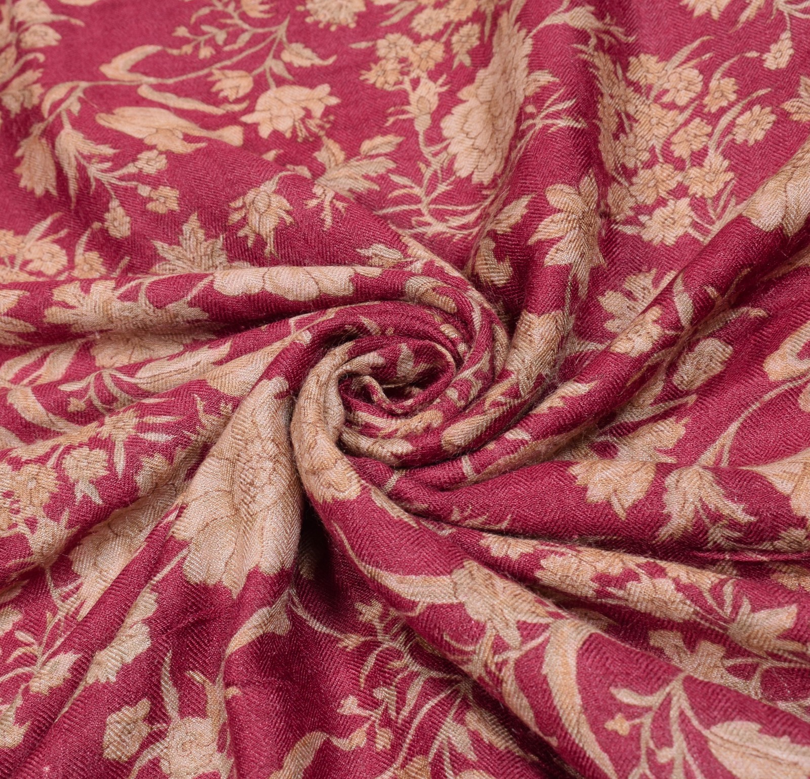 Sushila Vintage Pure Woolen Saree Floral Printed Woven Dark Magenta Sari Fabric