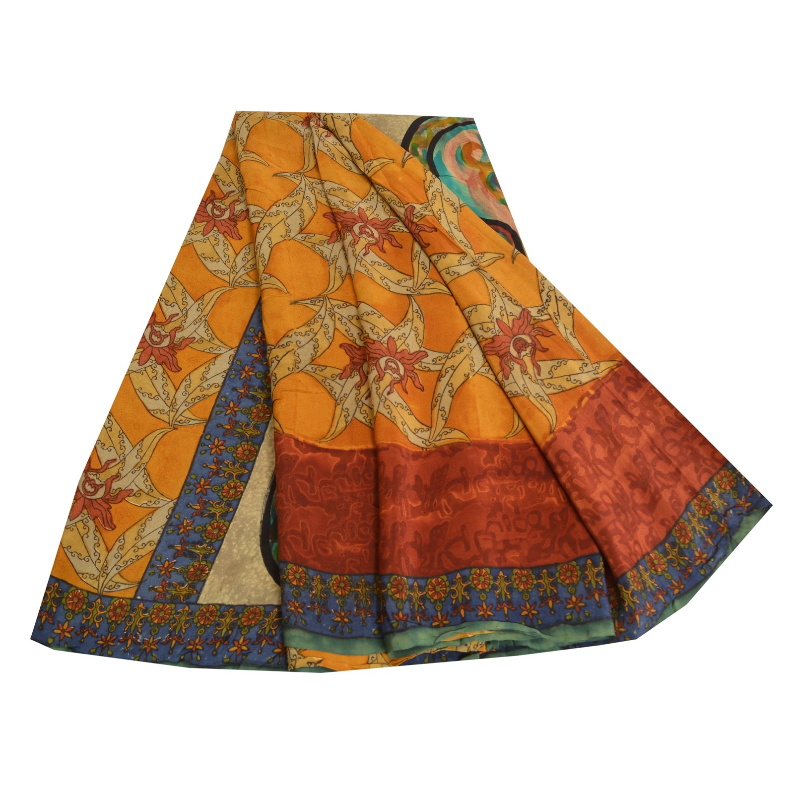 Sanskriti Vintage Sarees Saffron Pure Crepe Silk Floral Print Sari Craft Fabric