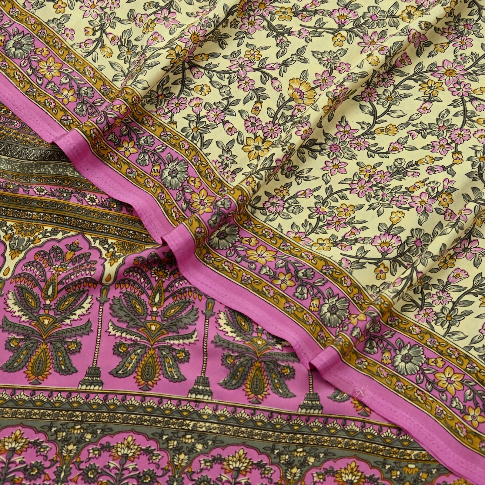 Vintage Sari Ivory & Pink Moss Crepe Printed Sarees 5yd Craft Fabric Sewing Soft